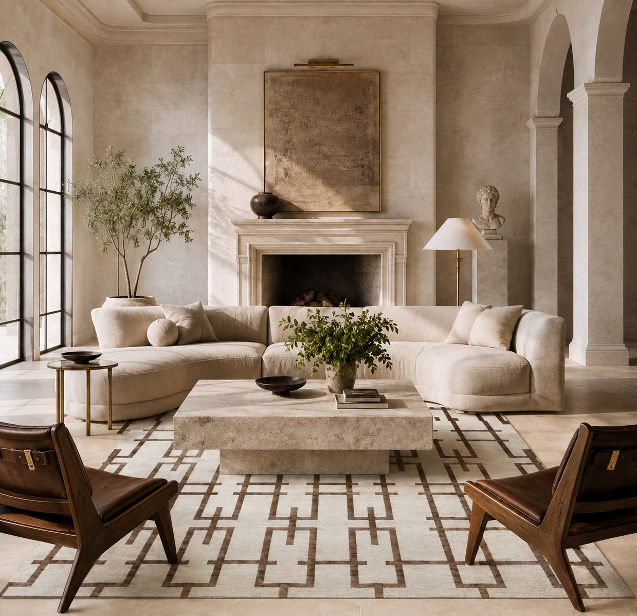 Axis collection — an ivory rug with an interlocking brown geometric lattice in a stone-walled living room