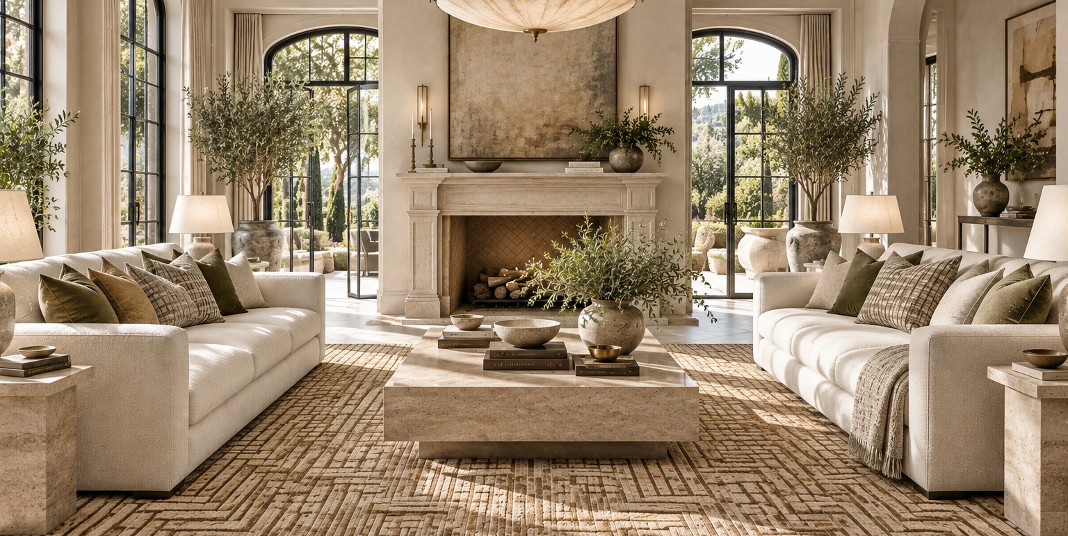 A sunlit, symmetrical living room with ivory sofas, a stone fireplace and a textured geometric rug