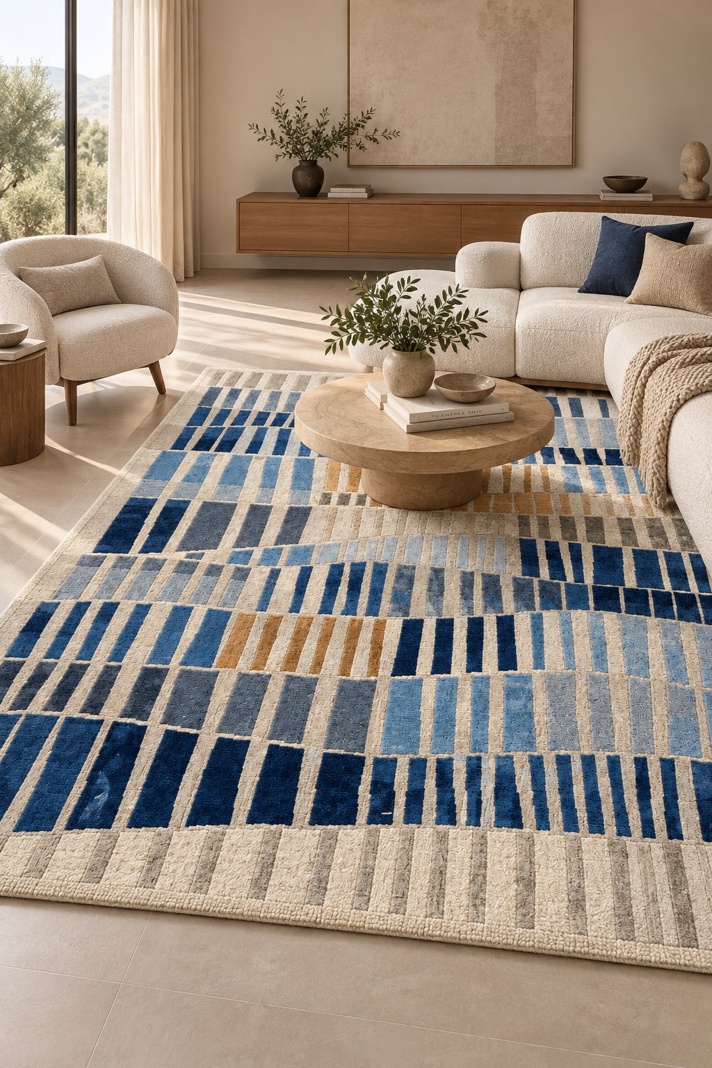 Nordic collection — a geometric rug of indigo, sky blue, grey and ochre blocks on ivory in a bright living room