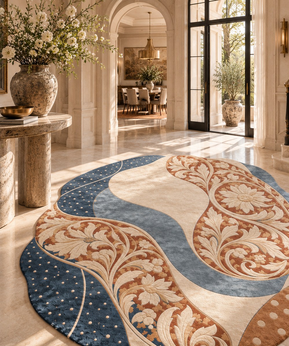 Maison collection — an organic-shaped rug in indigo, ivory and terracotta with carved floral scrolls in a sunlit marble hall