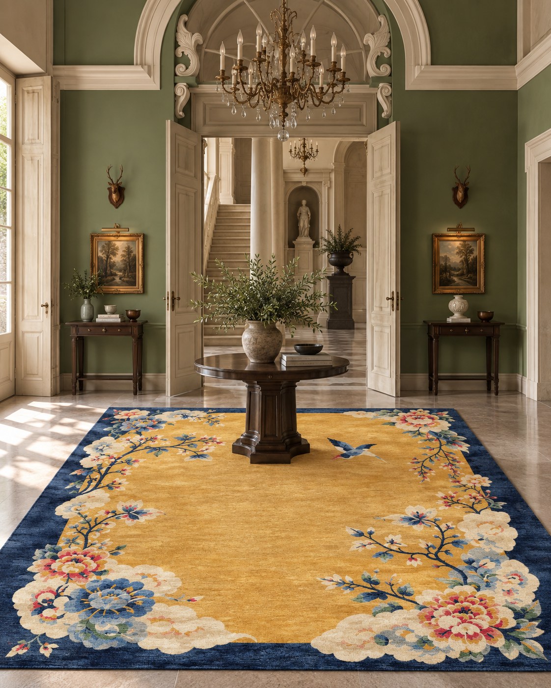 Orchid collection — a golden rug with a deep indigo border and blossoming branches in a grand entrance hall