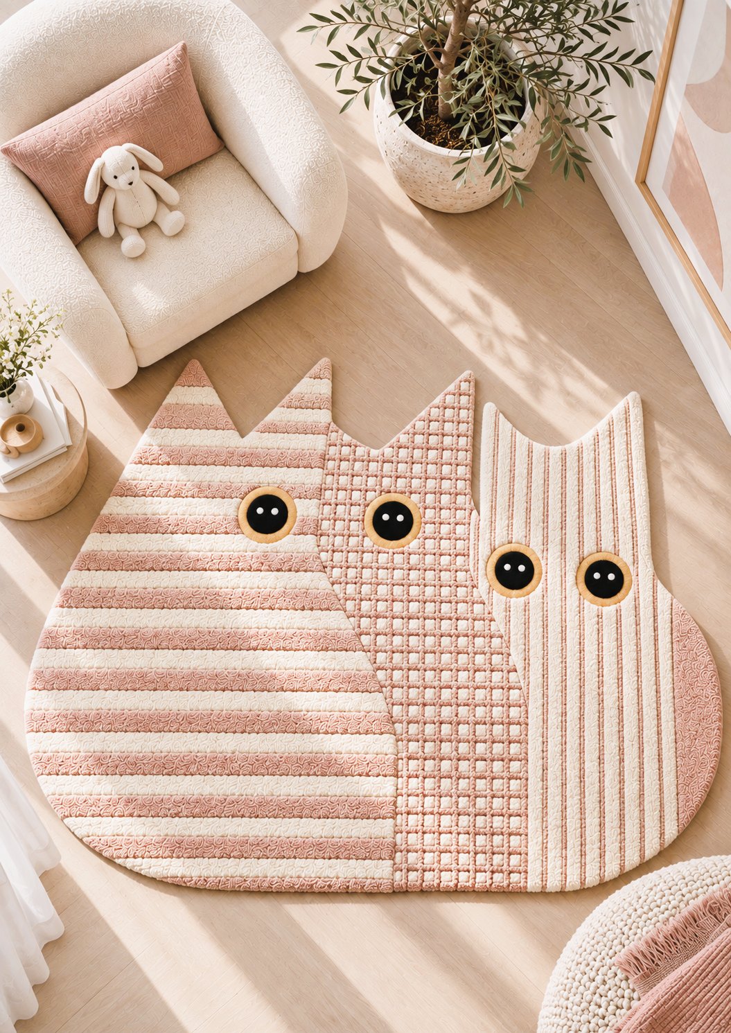 Kids collection — the Whiskers cat-shaped rug in rose pink in a sunlit kids’ room