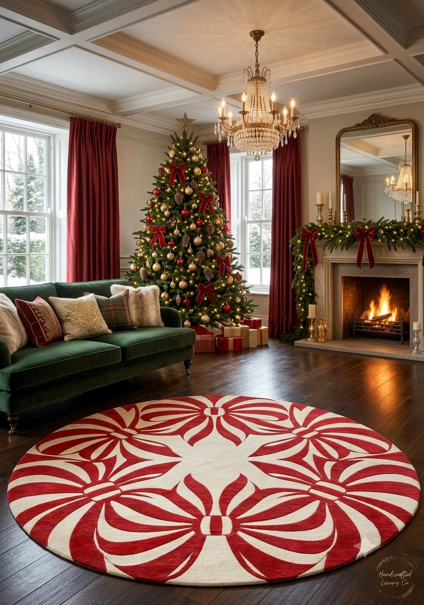 Christmas collection — a round ivory tree-skirt rug with bold red ribbon bows beneath a decorated Christmas tree