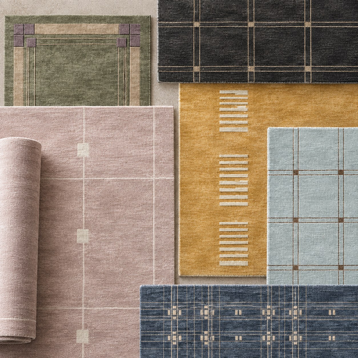 Minimal collection — layered flat-lay of geometric rugs in sage, charcoal, blush, ochre, pale blue and indigo