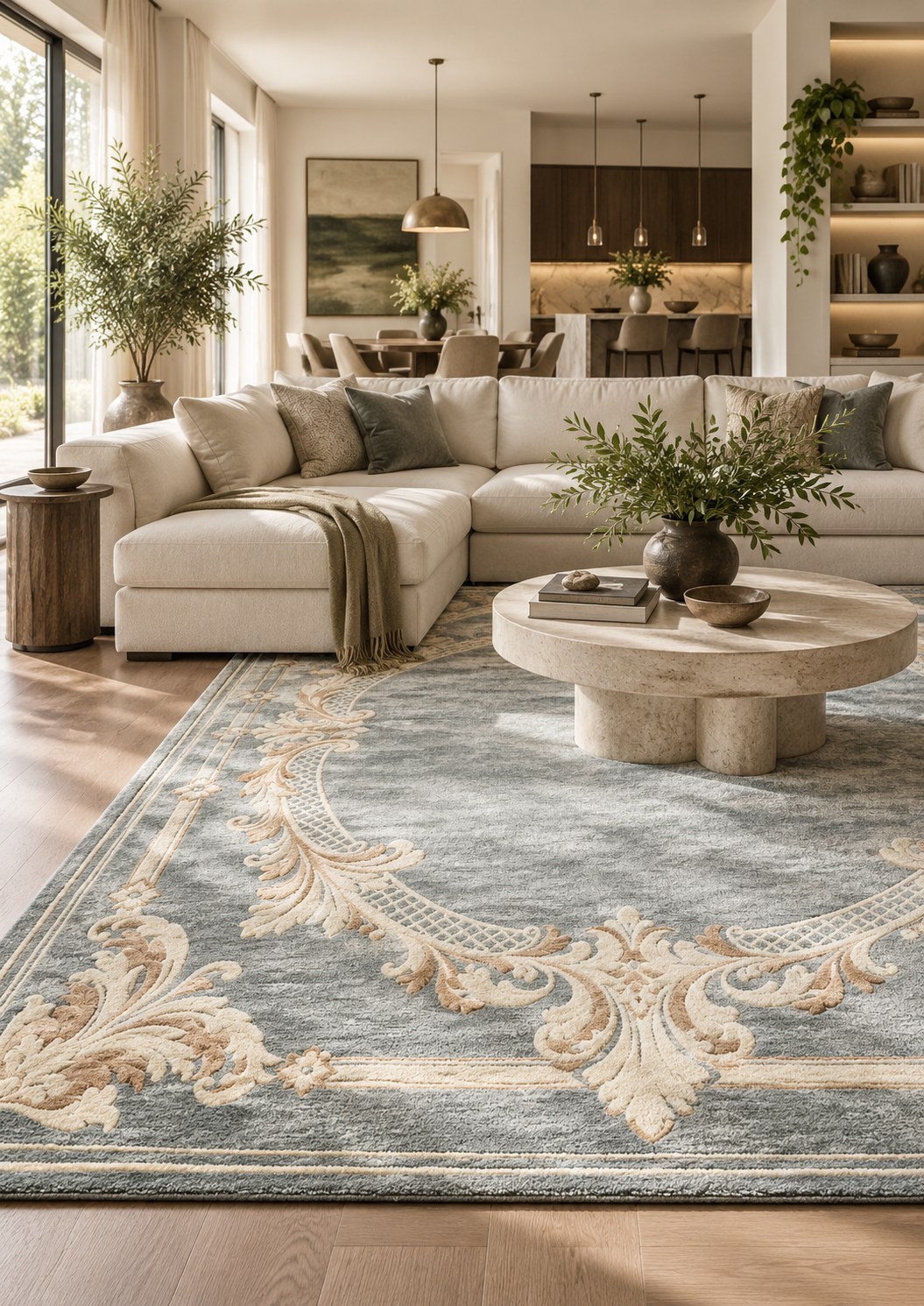 French Heritage collection — a soft blue-grey rug with ivory and tan carved scrollwork in a sunlit living room