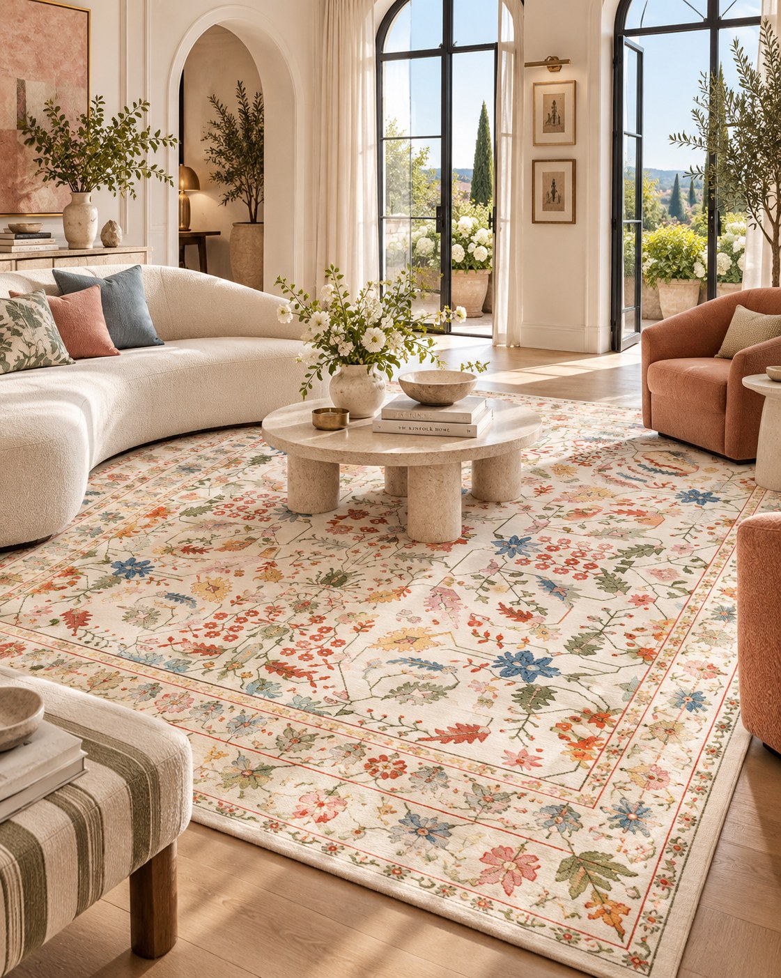 Mira collection — a soft ivory floral rug with coral, blue and sage blooms in a sunlit living room